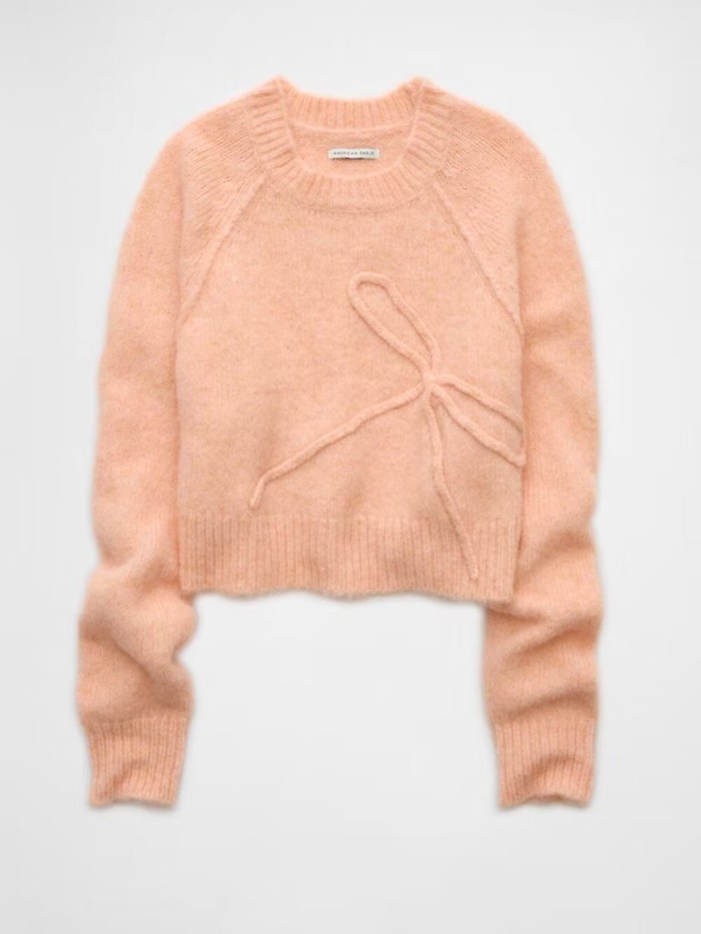 *NWOT AE Cropped Crew Neck Bow Fuzzy Sweater Peach Medium